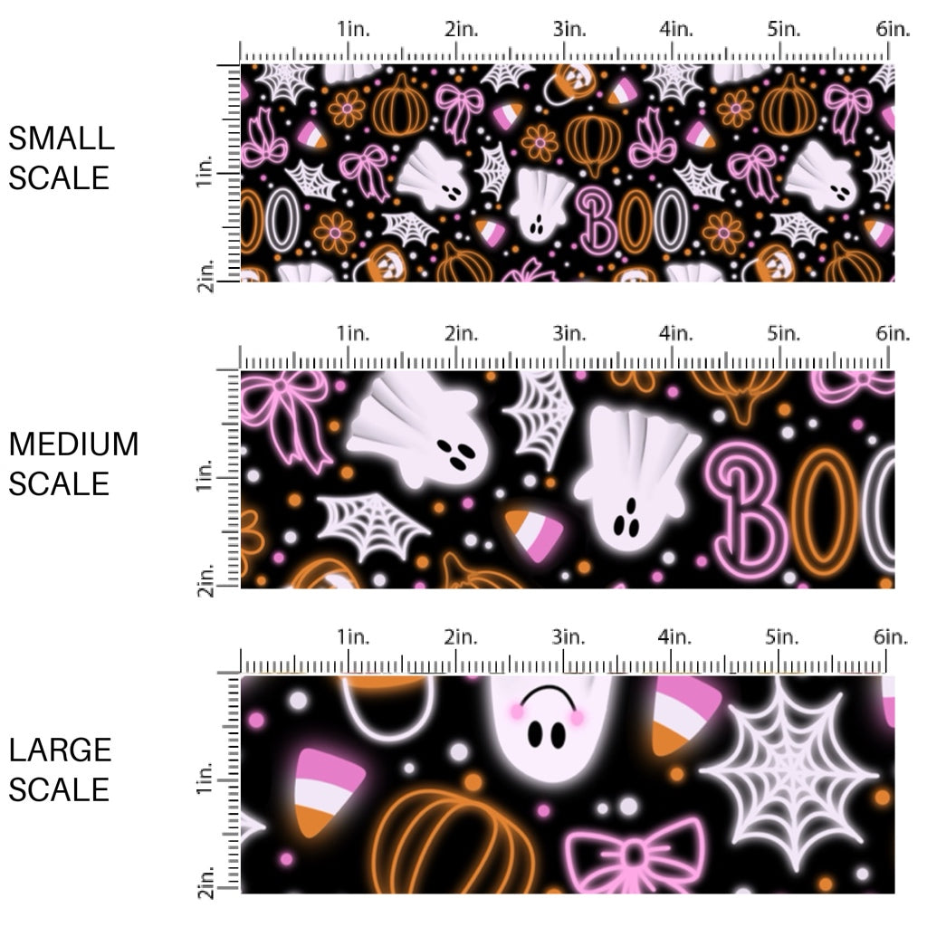 These Halloween themed pattern fabric by the yard features the following design elements: pumpkins, ghost, bows, flowers, and "BOO" on black. This fun spooky themed fabric can be used for all your sewing and crafting needs!