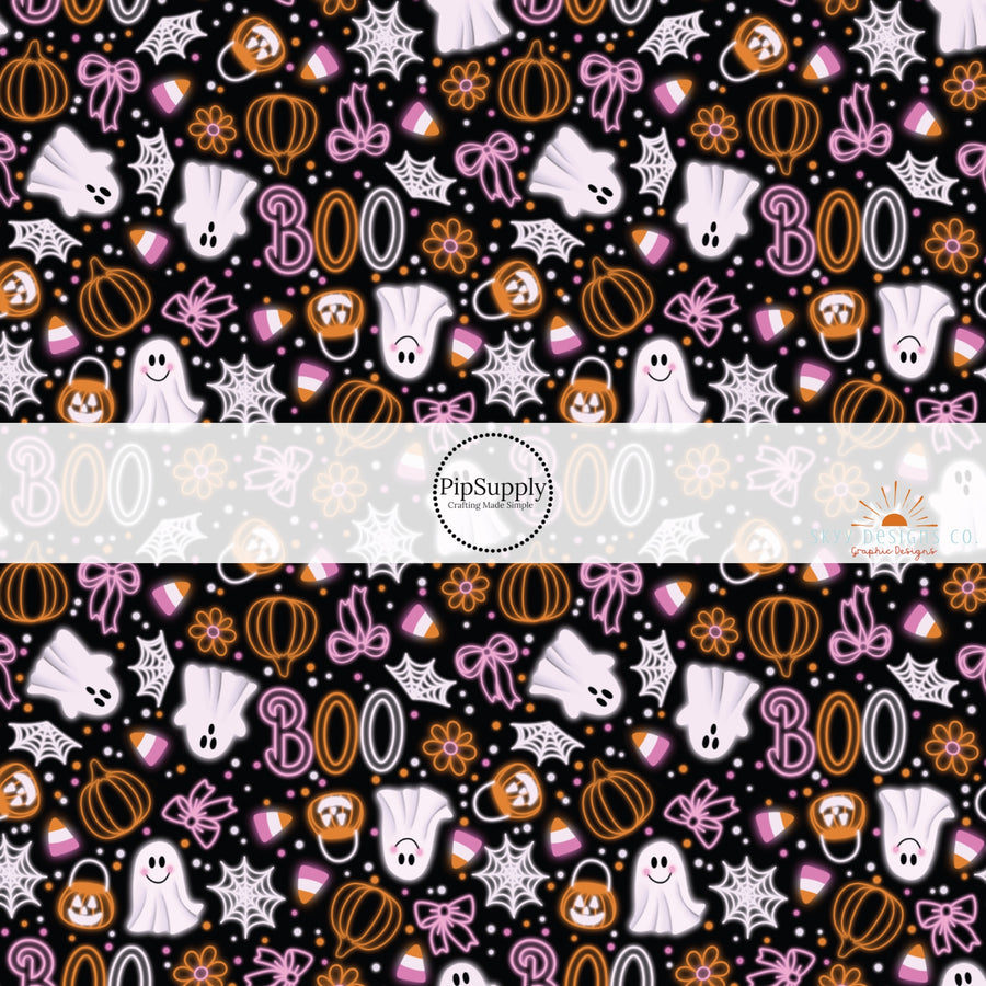 These Halloween themed pattern fabric by the yard features the following design elements: pumpkins, ghost, bows, flowers, and "BOO" on black. This fun spooky themed fabric can be used for all your sewing and crafting needs!