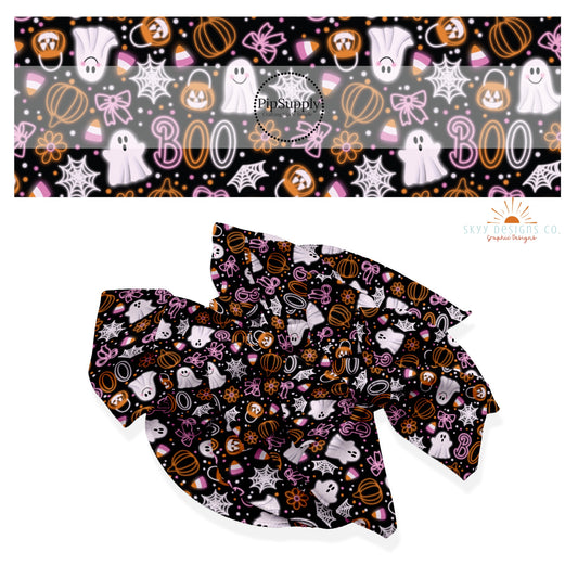 These Halloween themed no sew bow strips can be easily tied and attached to a clip for a finished hair bow. These fun spooky patterned bow strips are great for personal use or to sell. These bow strips feature the following design elements: pumpkins, ghost, bows, flowers, and "BOO" on black.