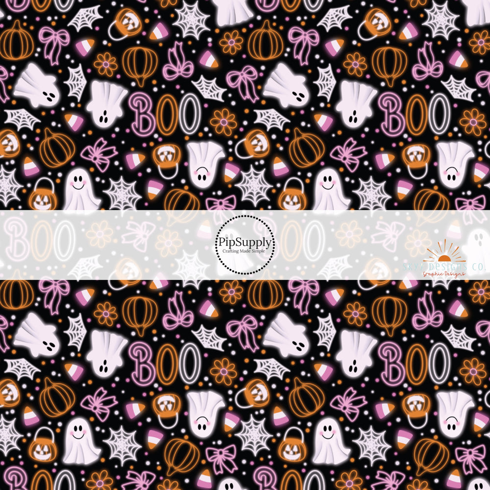 These Halloween themed no sew bow strips can be easily tied and attached to a clip for a finished hair bow. These fun spooky patterned bow strips are great for personal use or to sell. These bow strips feature the following design elements: pumpkins, ghost, bows, flowers, and "BOO" on black.