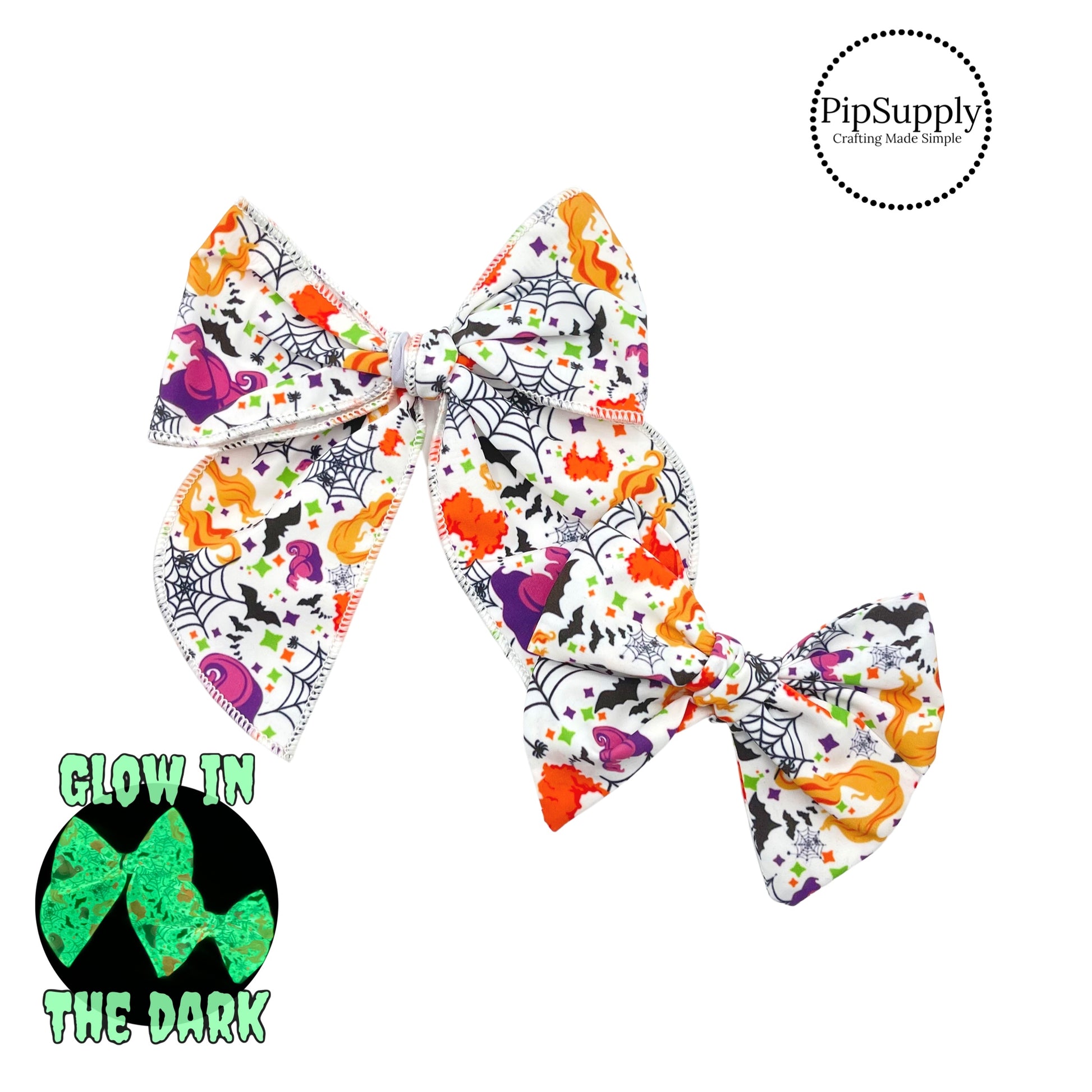Neon witches hair with spiders and stars on white glow in the dark hair bow strips