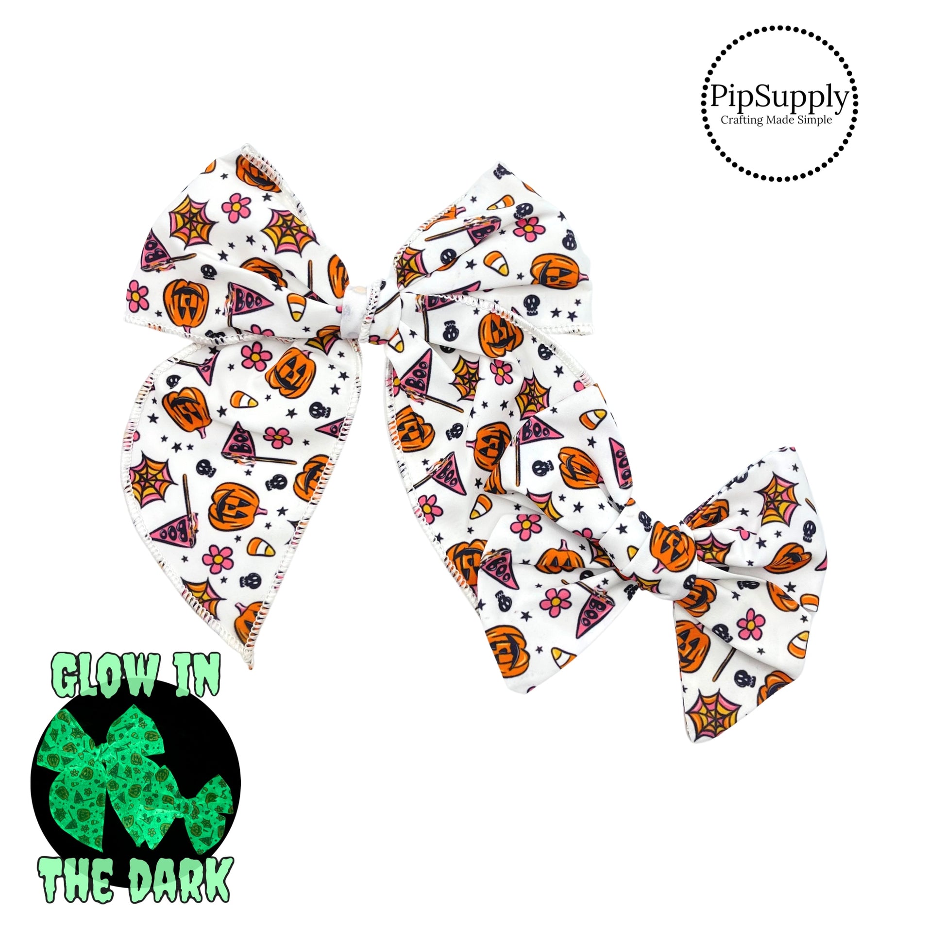 Pumpkins, flowers, flags, candy, spiders, and stars on white glow in the dark hair bow strips