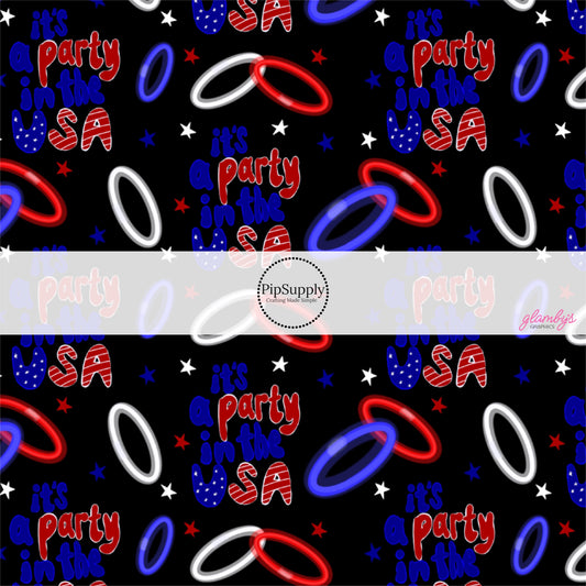 This 4th of July fabric by the yard features "It's a party in the USA" surrounded by red, white, and blue glow sticks and tiny stars on black. This fun patriotic themed fabric can be used for all your sewing and crafting needs!