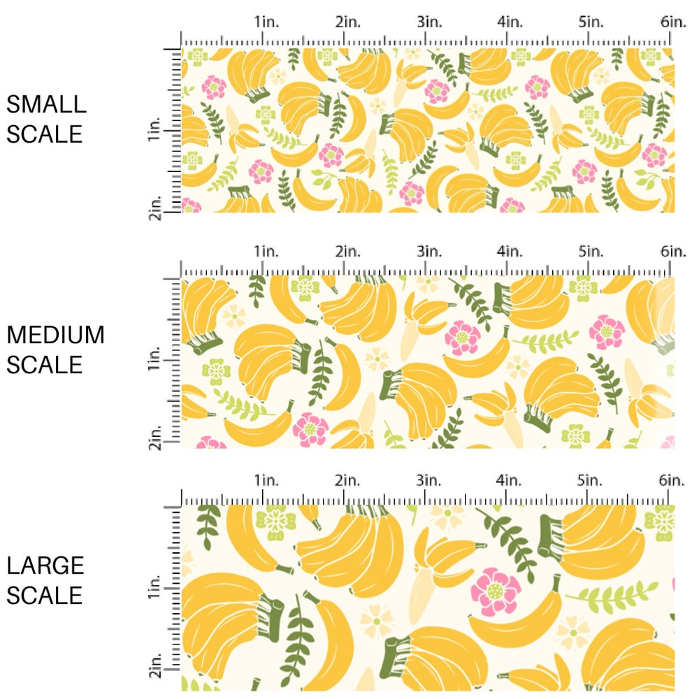 These fruit fabric by the yard features bananas surrounded by leaves and flowers. This fun pattern fabric can be used for all your sewing and crafting needs!