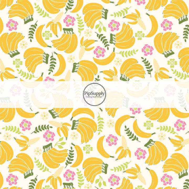 These fruit fabric by the yard features bananas surrounded by leaves and flowers. This fun pattern fabric can be used for all your sewing and crafting needs!