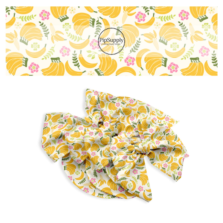 These fruit themed no sew bow strips can be easily tied and attached to a clip for a finished hair bow. These bow strips are great for personal use or to sell. These bow strips feature the following design elements: bananas surrounded by leaves and flowers.