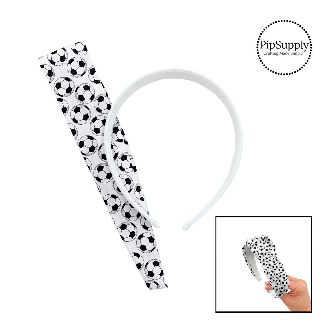 Black and white soccer balls scattered on white knotted headband kit