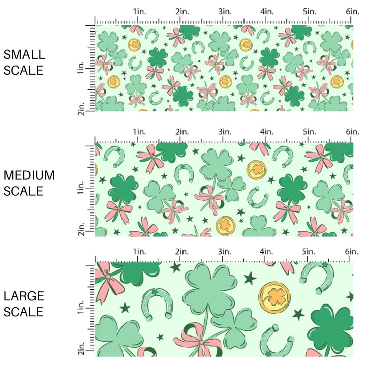 This holiday fabric by the yard features shamrocks, coins, and horseshoes on green. This festive pattern fabric can be used for all your sewing and crafting needs!