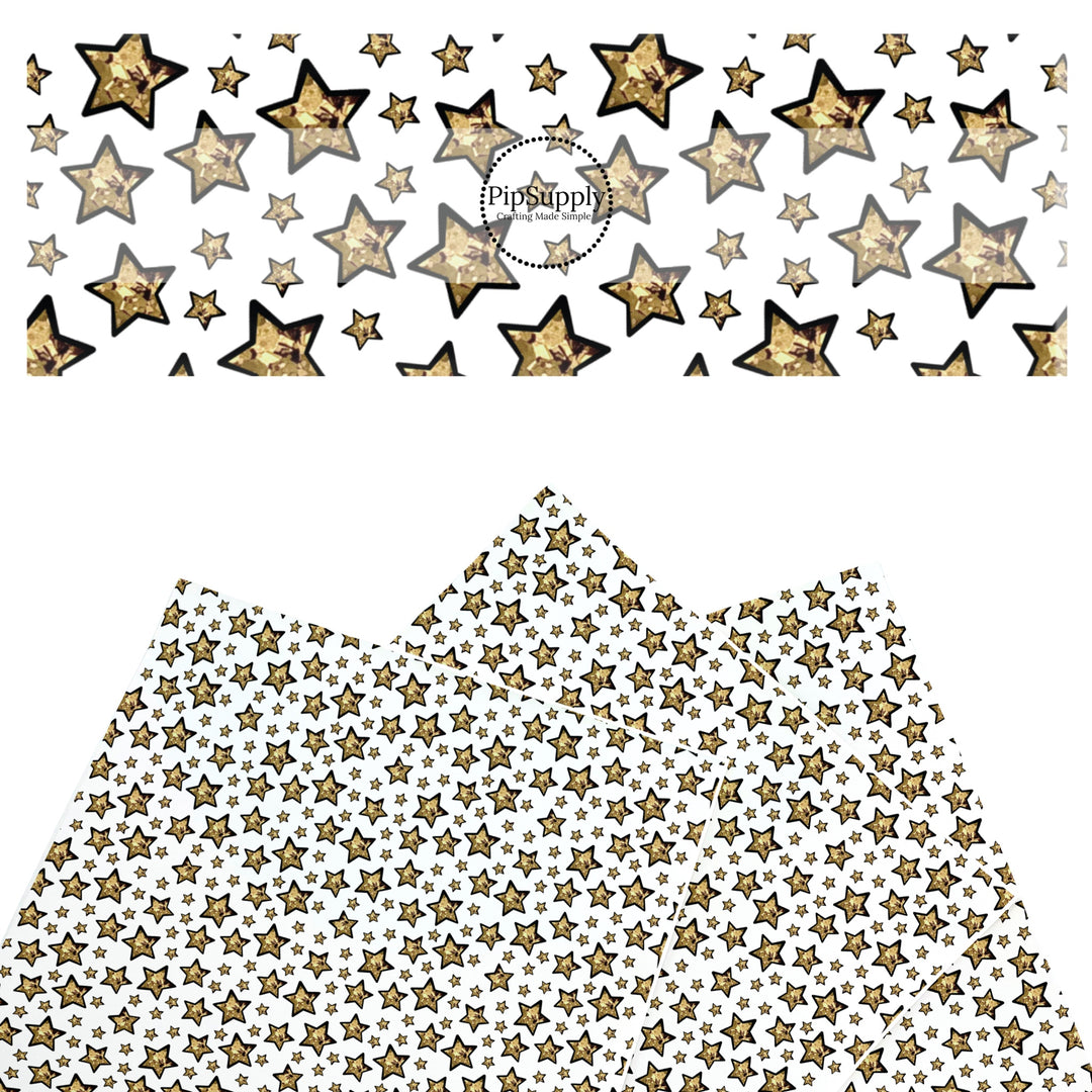 These holiday faux leather sheets contain the following design elements: gold foil stars. Our CPSIA compliant faux leather sheets or rolls can be used for all types of crafting projects.