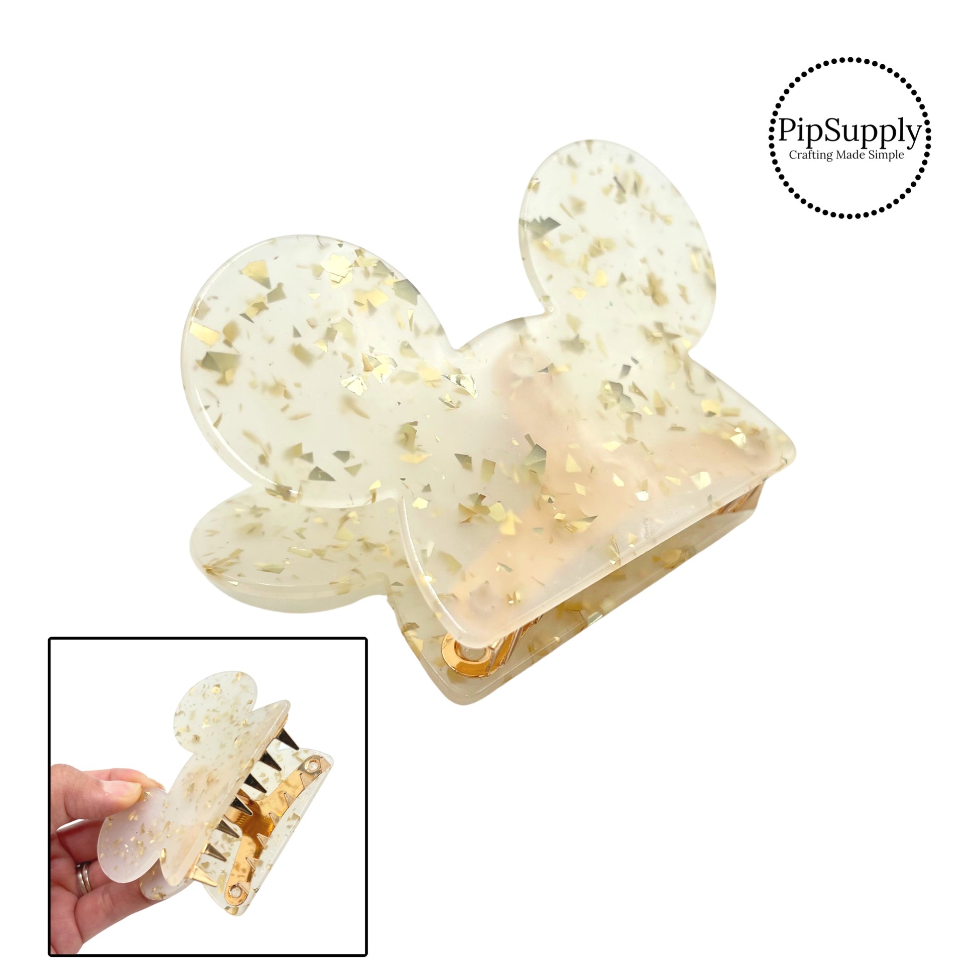 gold glitter flakes on clear mouse head hair clip