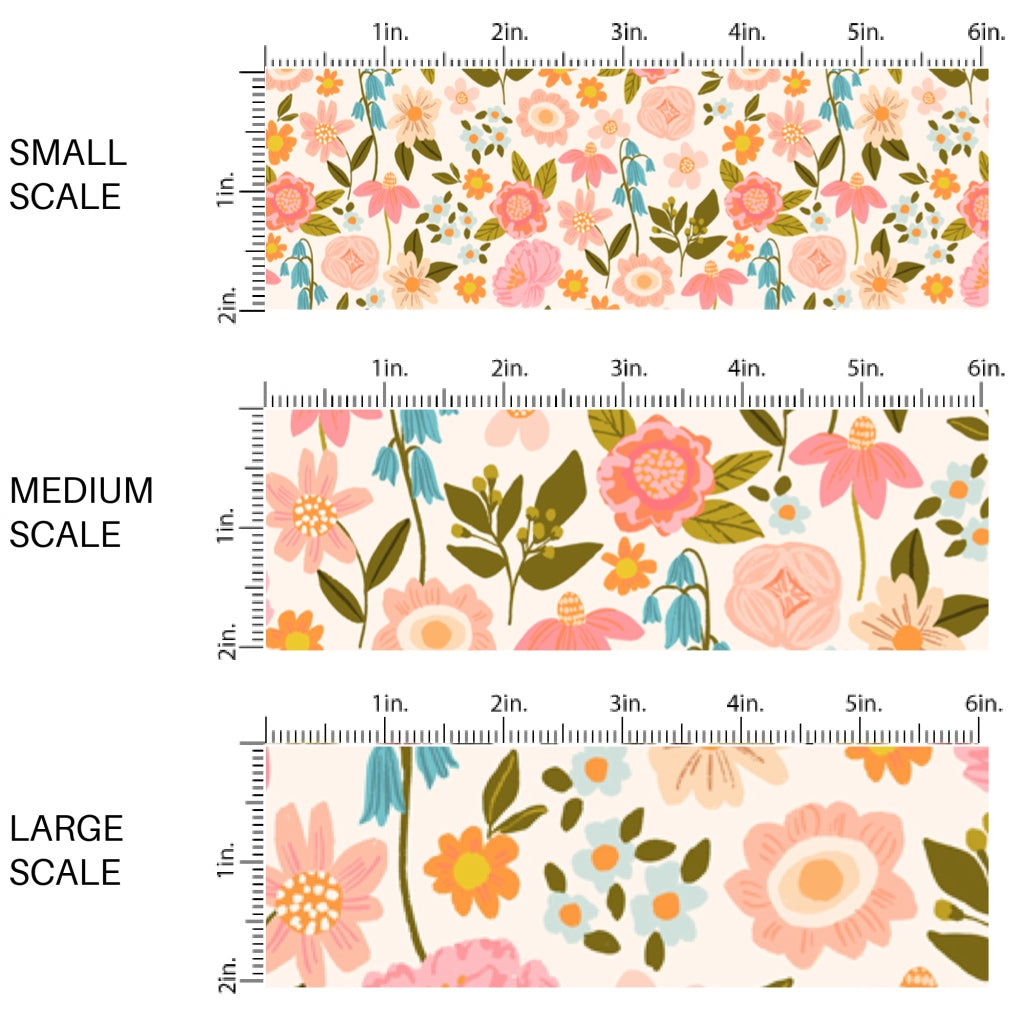 This scale chart of small scale, medium scale, and large scale of this summer fabric by the yard features flowers on cream. This fun summer themed fabric can be used for all your sewing and crafting needs!