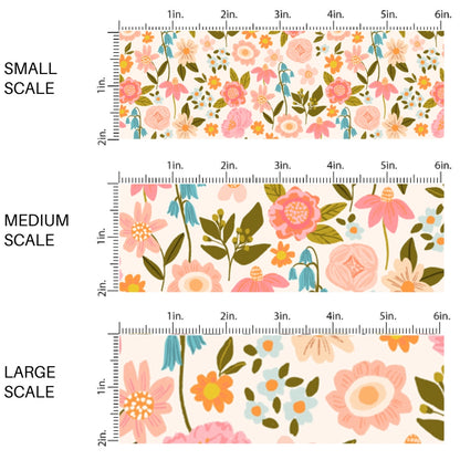 This scale chart of small scale, medium scale, and large scale of this summer fabric by the yard features flowers on cream. This fun summer themed fabric can be used for all your sewing and crafting needs!