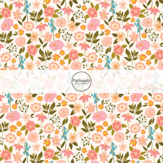This summer fabric by the yard features flowers on cream. This fun summer themed fabric can be used for all your sewing and crafting needs!