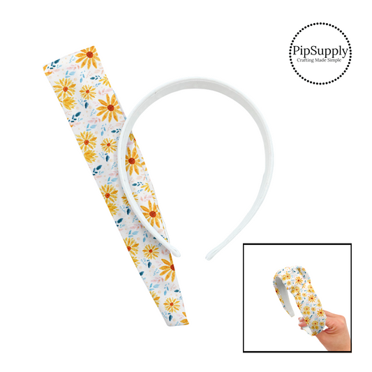 Golden sunflowers with blue on white knotted headband kit