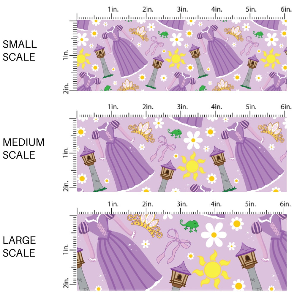 These magical princess themed fabric by the yard features princess dresses, bows, and tiaras on a purple pattern. This fun pattern fabric can be used for all your sewing and crafting needs!