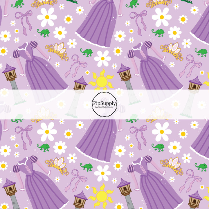These magical princess themed fabric by the yard features princess dresses, bows, and tiaras on a purple pattern. This fun pattern fabric can be used for all your sewing and crafting needs!