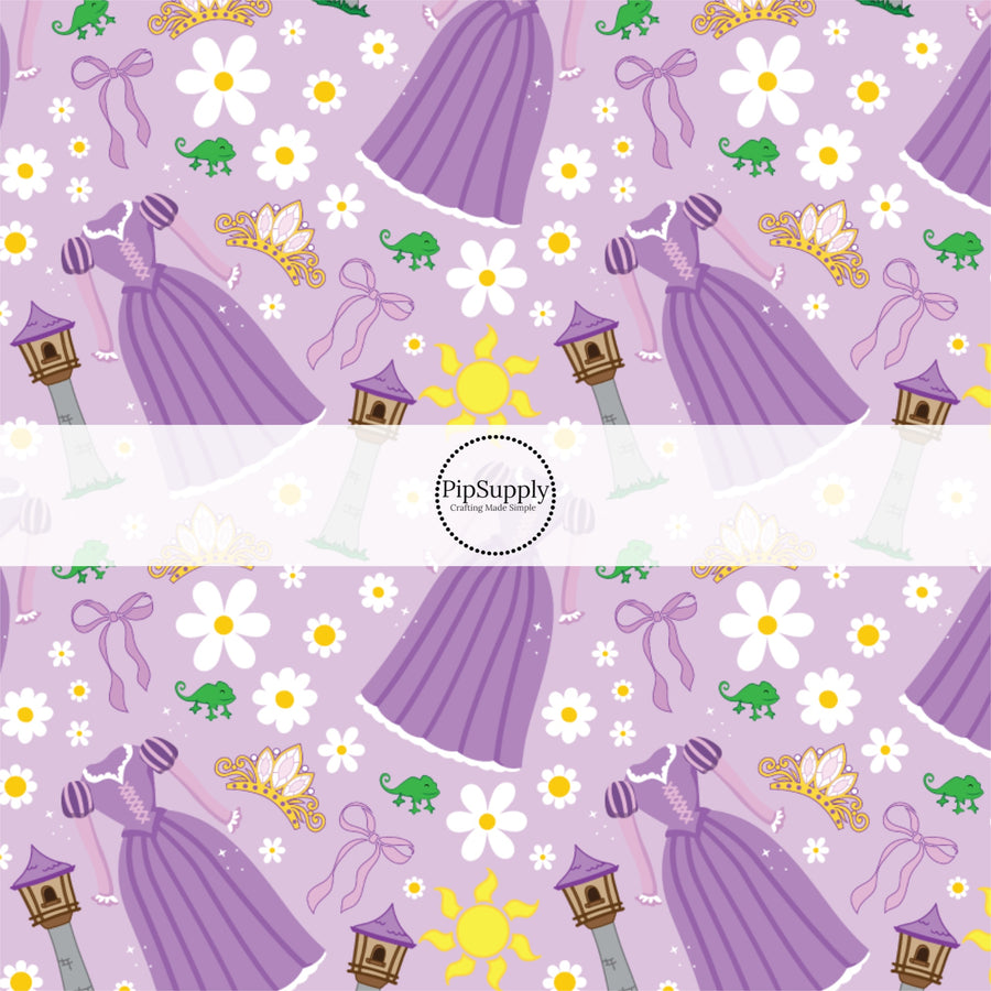 These magical princess themed fabric by the yard features princess dresses, bows, and tiaras on a purple pattern. This fun pattern fabric can be used for all your sewing and crafting needs!