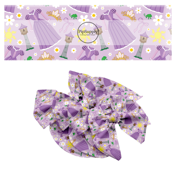 These magical princess themed no sew bow strips can be easily tied and attached to a clip for a finished hair bow. These bow strips are great for personal use or to sell. These bow strips feature the following design elements: princess dresses, bows, and tiaras on a purple pattern.