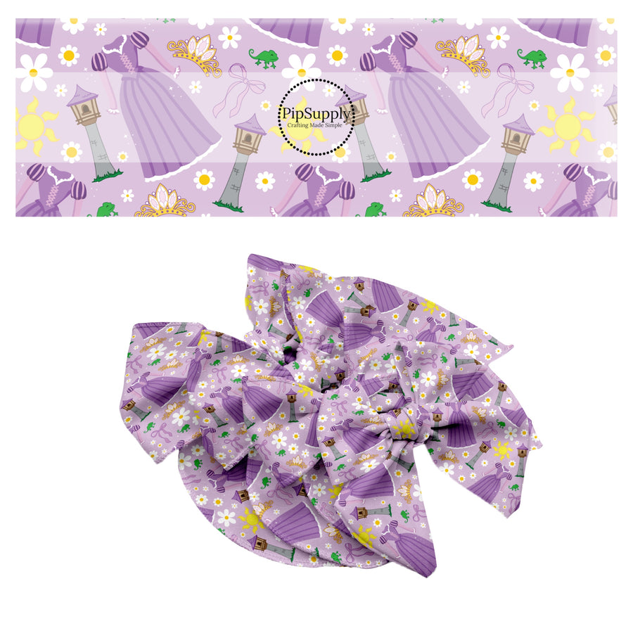These magical princess themed no sew bow strips can be easily tied and attached to a clip for a finished hair bow. These bow strips are great for personal use or to sell. These bow strips feature the following design elements: princess dresses, bows, and tiaras on a purple pattern.