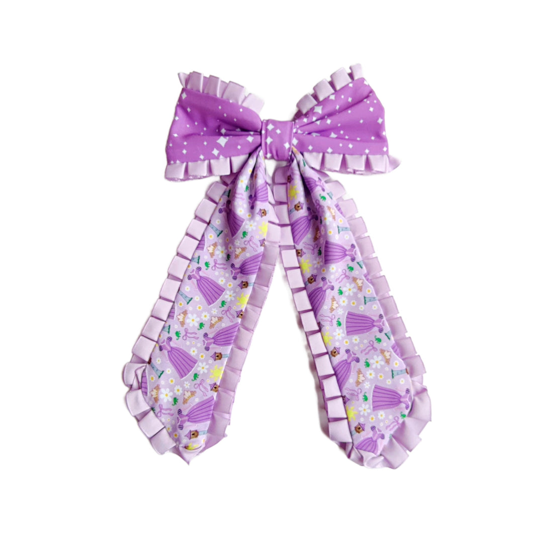 These princess themed ruffled long tail pre-cut tied bows are ready to package and resell to your customers no sewing or measuring necessary! These hair bows come with a clip already attached.