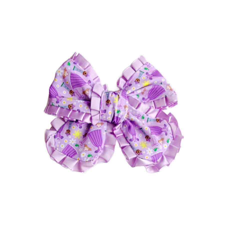 These princess themed ruffled pinwheel pre-cut tied bows are ready to package and resell to your customers no sewing or measuring necessary! These hair bows come with a clip already attached.