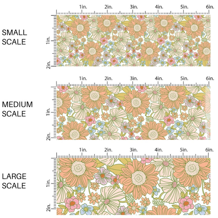 These spring fabric by the yard features golden and peach floral patterns. This fun pattern fabric can be used for all your sewing and crafting needs!
