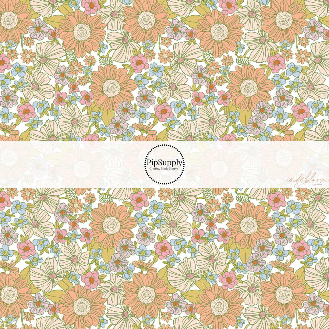 These spring fabric by the yard features golden and peach floral patterns. This fun pattern fabric can be used for all your sewing and crafting needs!