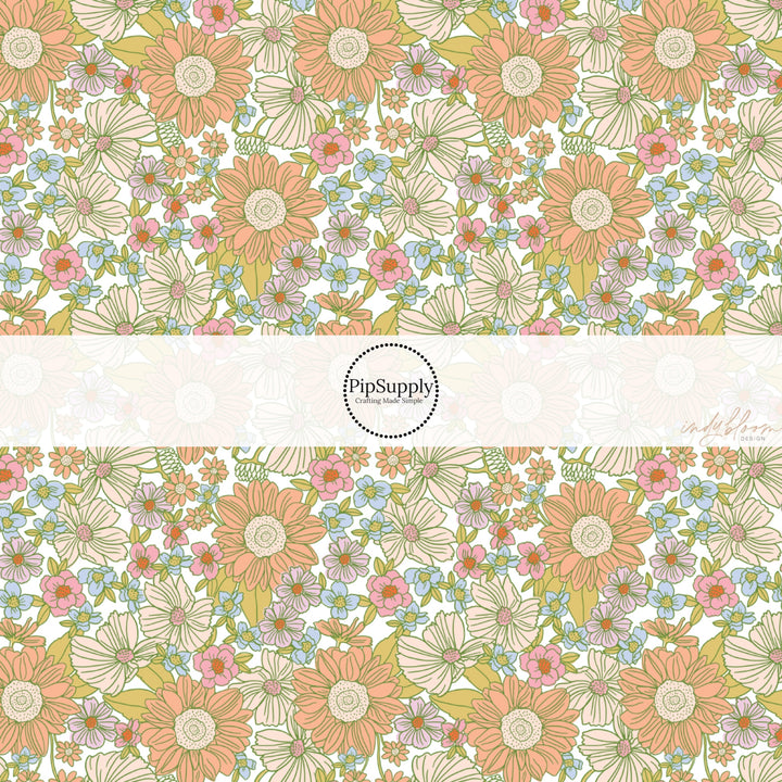 These spring fabric by the yard features golden and peach floral patterns. This fun pattern fabric can be used for all your sewing and crafting needs!