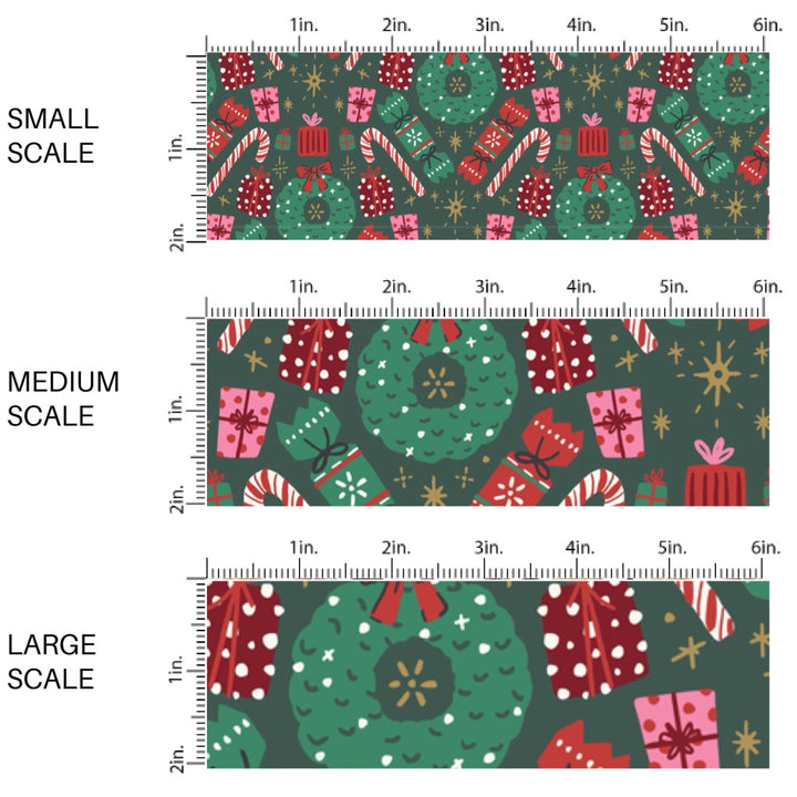 These Christmas themed pattern fabric by the yard features the following design elements: holiday wreaths, candy canes, and presents on green. This fun themed fabric can be used for all your sewing and crafting needs!