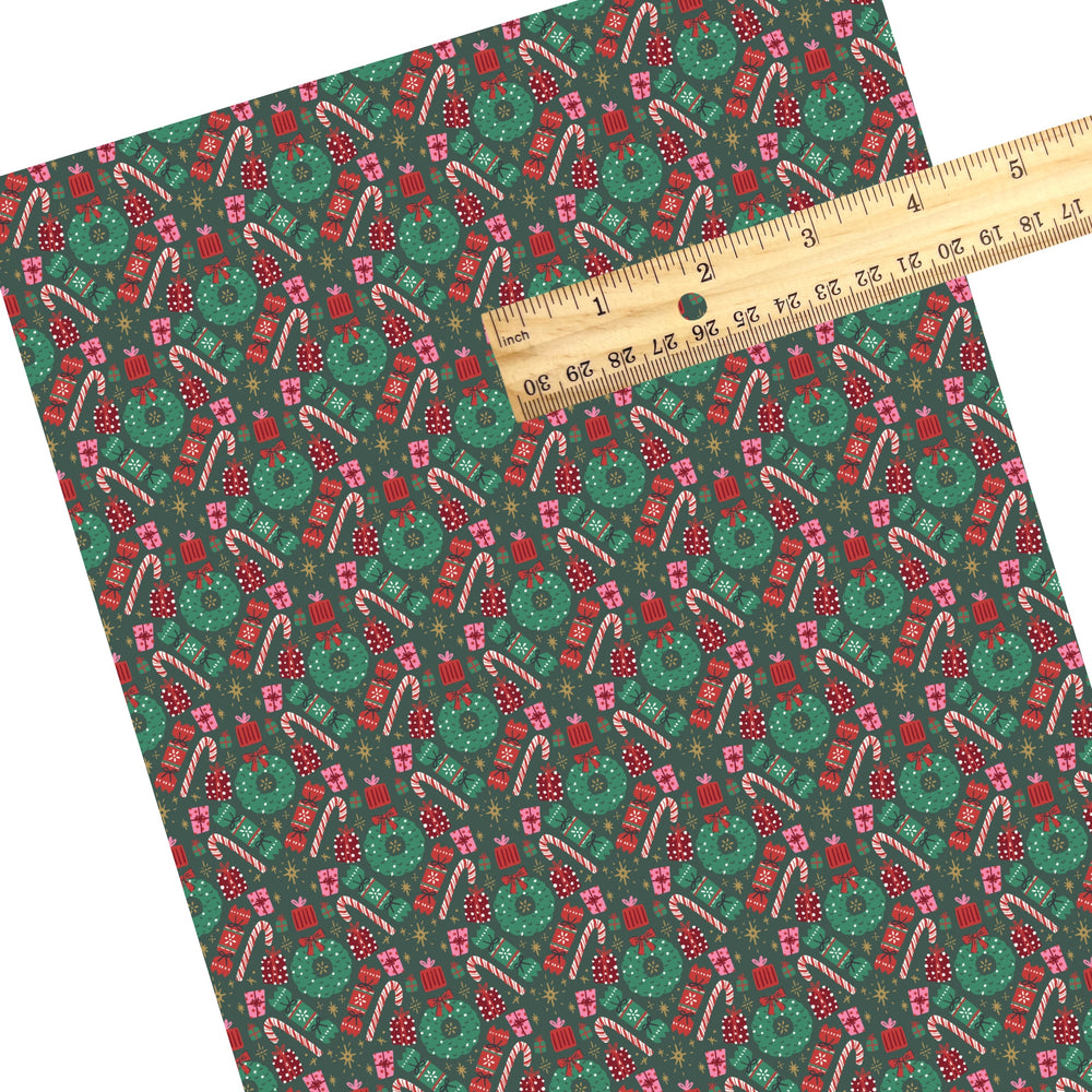 These Christmas themed pattern faux leather sheets contain the following design elements: holiday wreaths, candy canes, and presents on green. Our CPSIA compliant faux leather sheets or rolls can be used for all types of crafting projects.