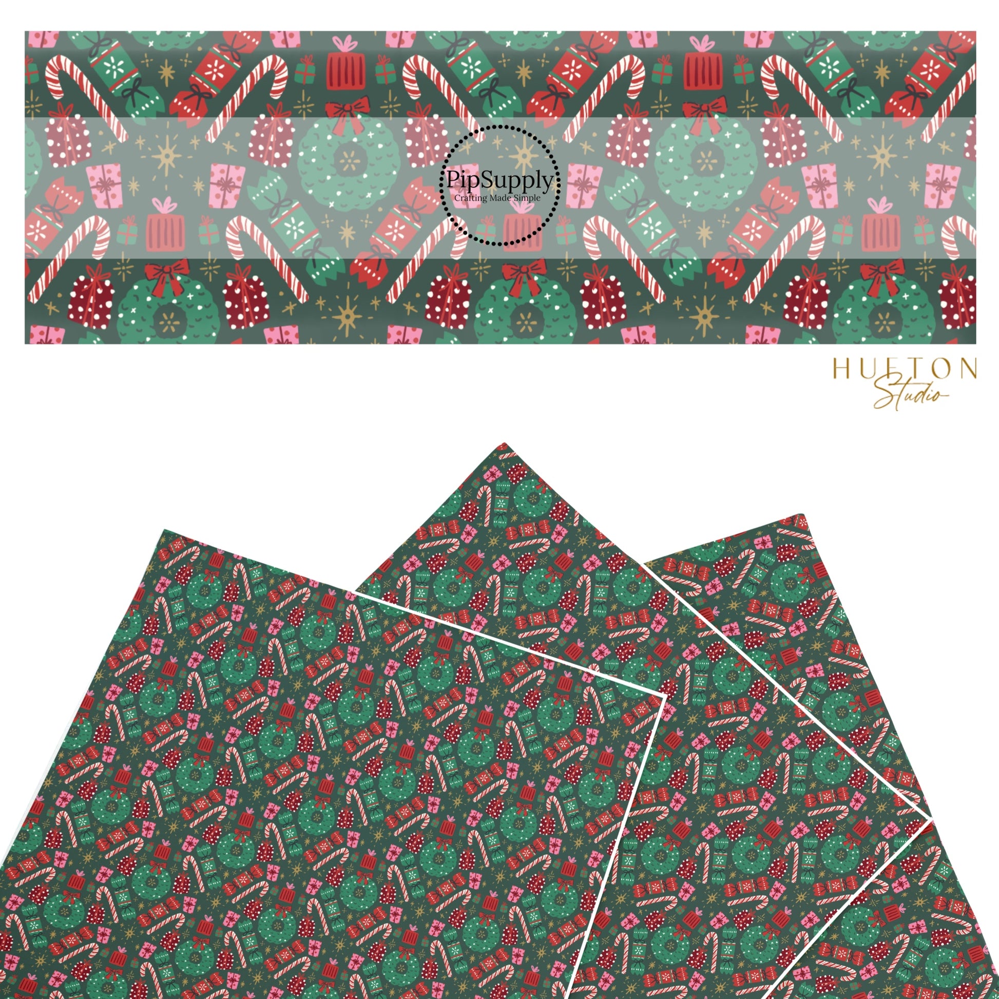 These Christmas themed pattern faux leather sheets contain the following design elements: holiday wreaths, candy canes, and presents on green. Our CPSIA compliant faux leather sheets or rolls can be used for all types of crafting projects.