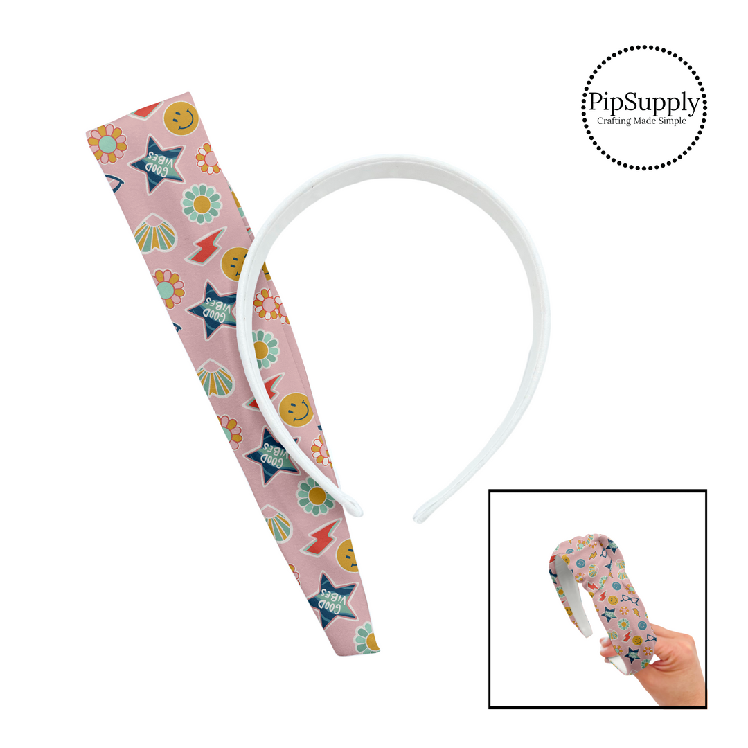 Flowers, good vibes star, smiley face, lightning bolt, and heart stickers on pink knotted headband kit