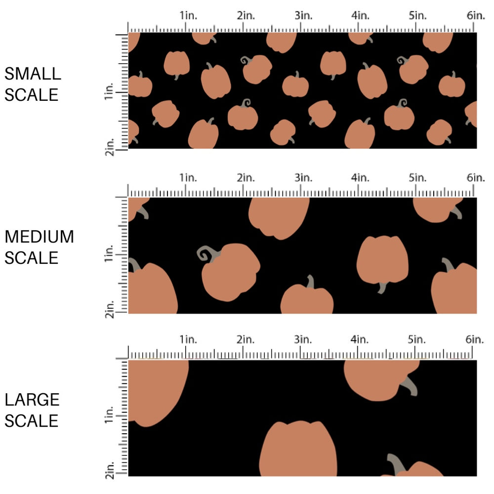 This scale chart of small scale, medium scale, and large scale of these Halloween themed pattern fabric by the yard features the following design elements: orange gourds on black. This fun spooky themed fabric can be used for all your sewing and crafting needs!