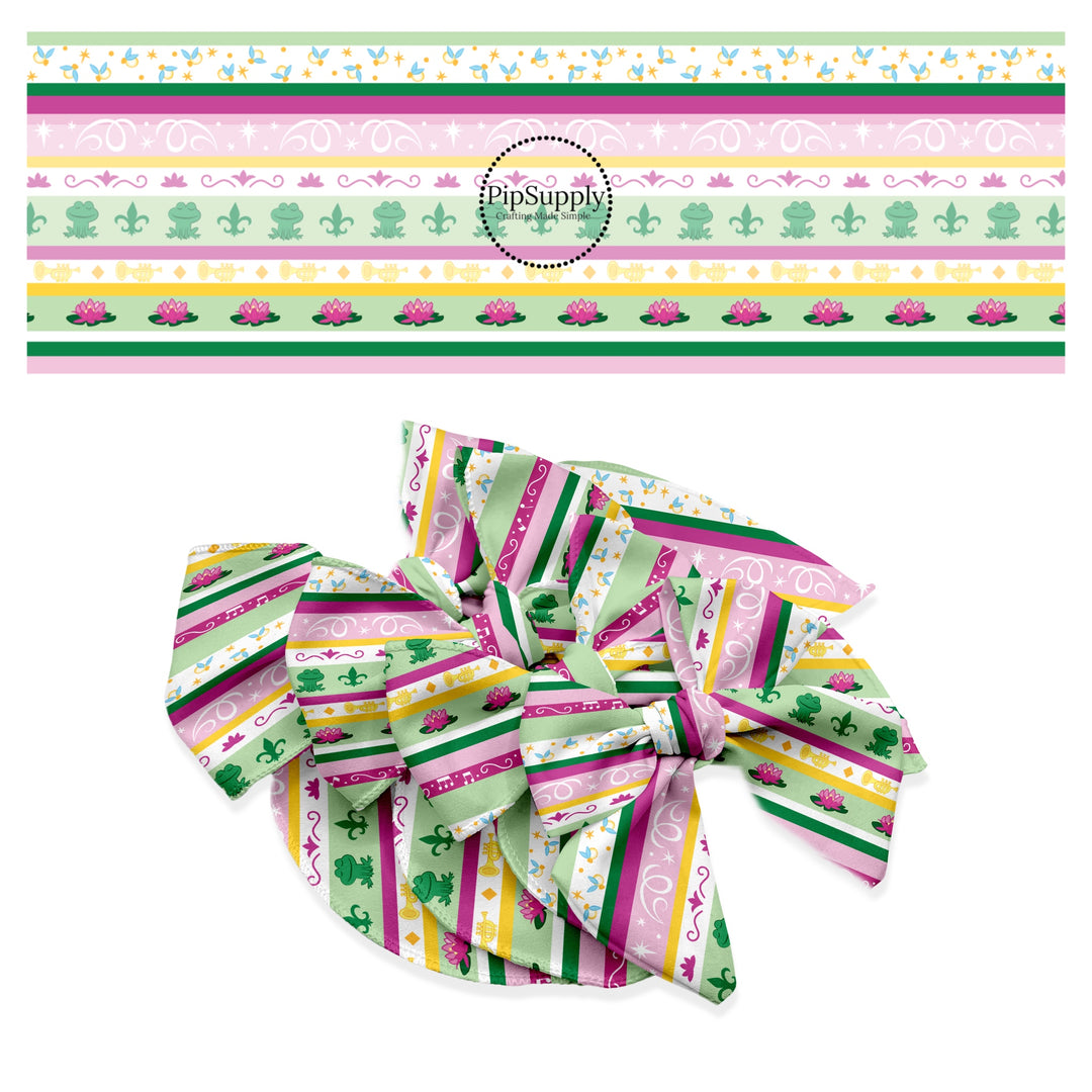 Green and pink frog princess stripes hair bow strips