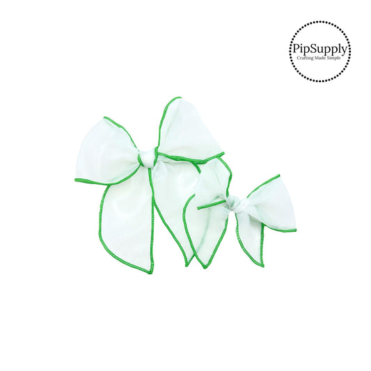 green stitching on white hair bow strip