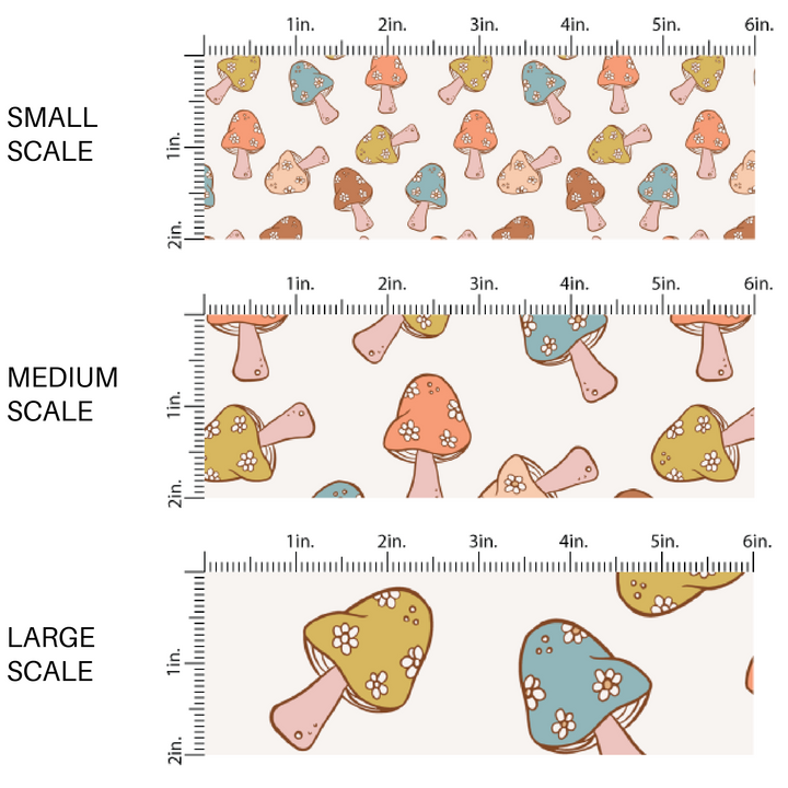 These fall mushroom themed ivory fabric by the yard features small white daisies on orange, blue, green, and cream mushrooms. This fun fall themed fabric can be used for all your sewing and crafting needs! 