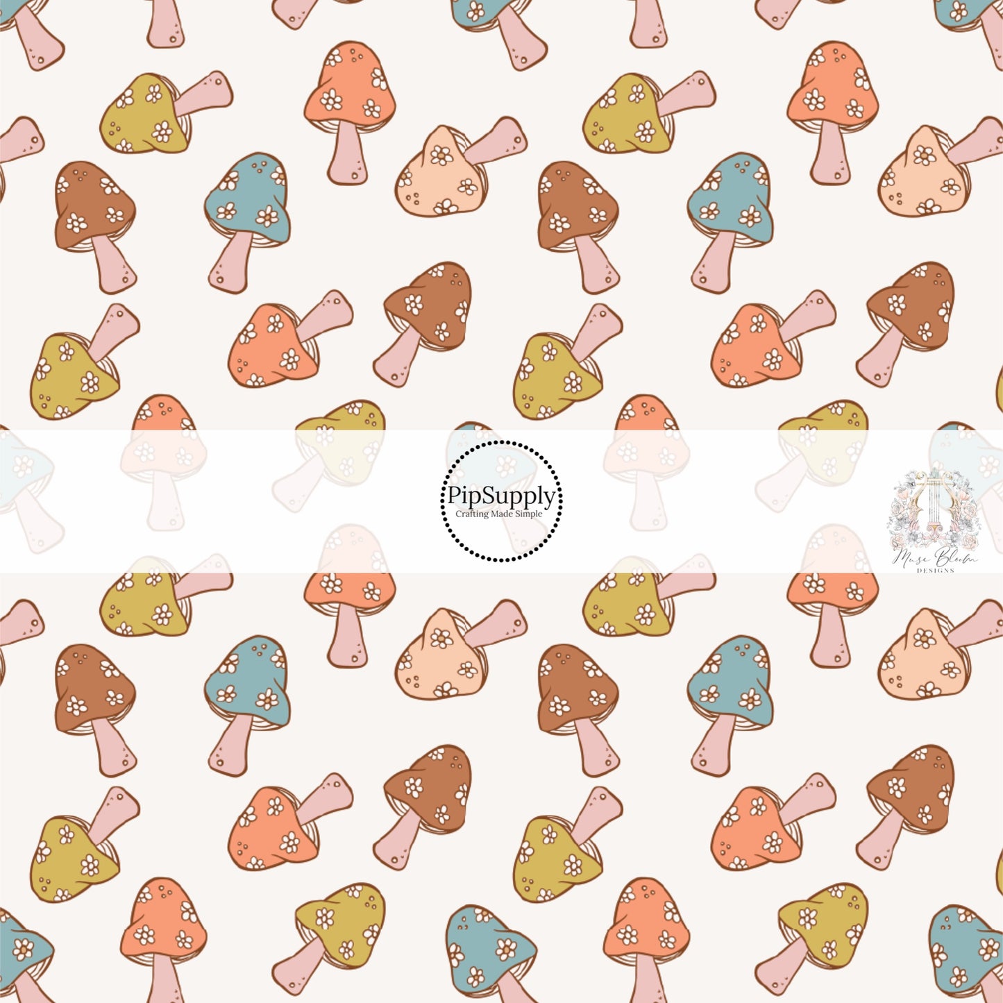 These fall mushroom themed ivory fabric by the yard features small white daisies on orange, blue, green, and cream mushrooms. This fun fall themed fabric can be used for all your sewing and crafting needs! 