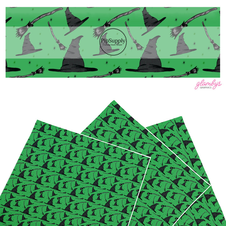 These fun witch themed faux leather sheets contain the following design elements: black witch hats on green. Our CPSIA compliant faux leather sheets or rolls can be used for all types of crafting projects.