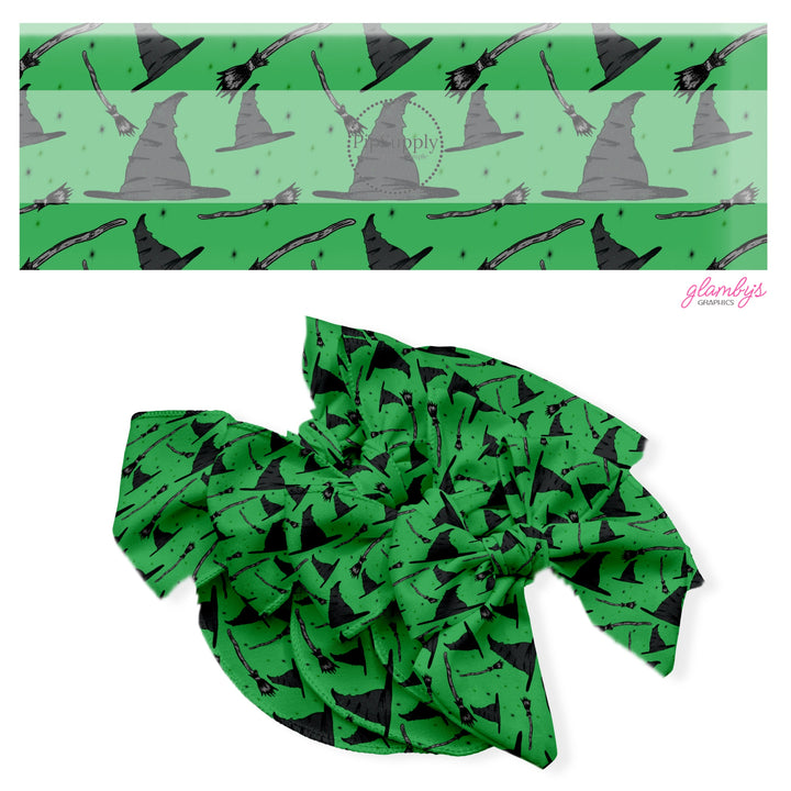 These fun witch themed no sew bow strips can be easily tied and attached to a clip for a finished hair bow. These fun bow strips are great for personal use or to sell. These bow strips feature the following design elements: black witch hats on green.