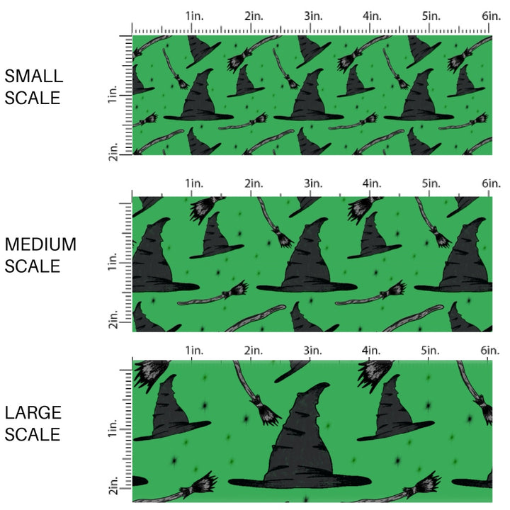 This fun themed fabric by the yard features black witch hats on green. This fun pattern fabric can be used for all your sewing and crafting needs!