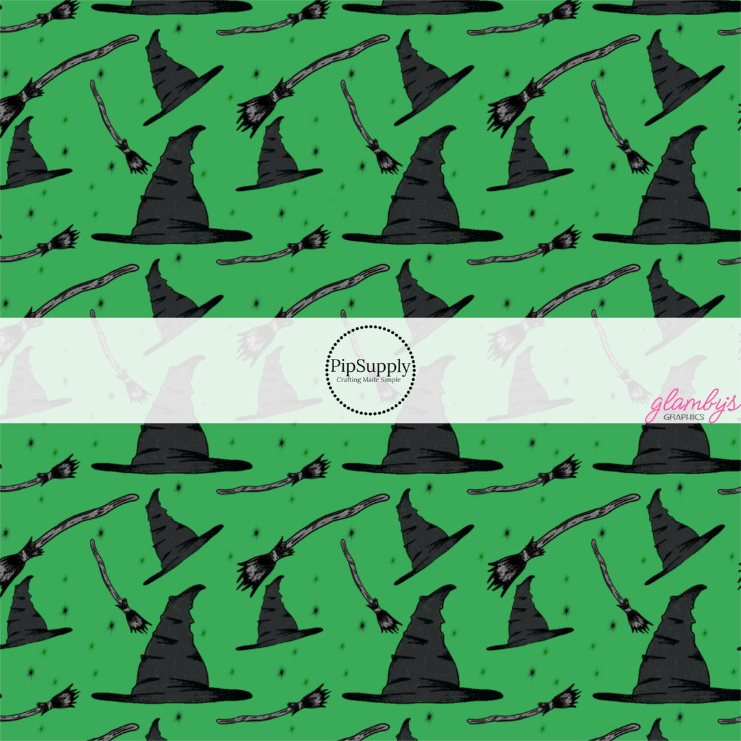 This fun themed fabric by the yard features black witch hats on green. This fun pattern fabric can be used for all your sewing and crafting needs!