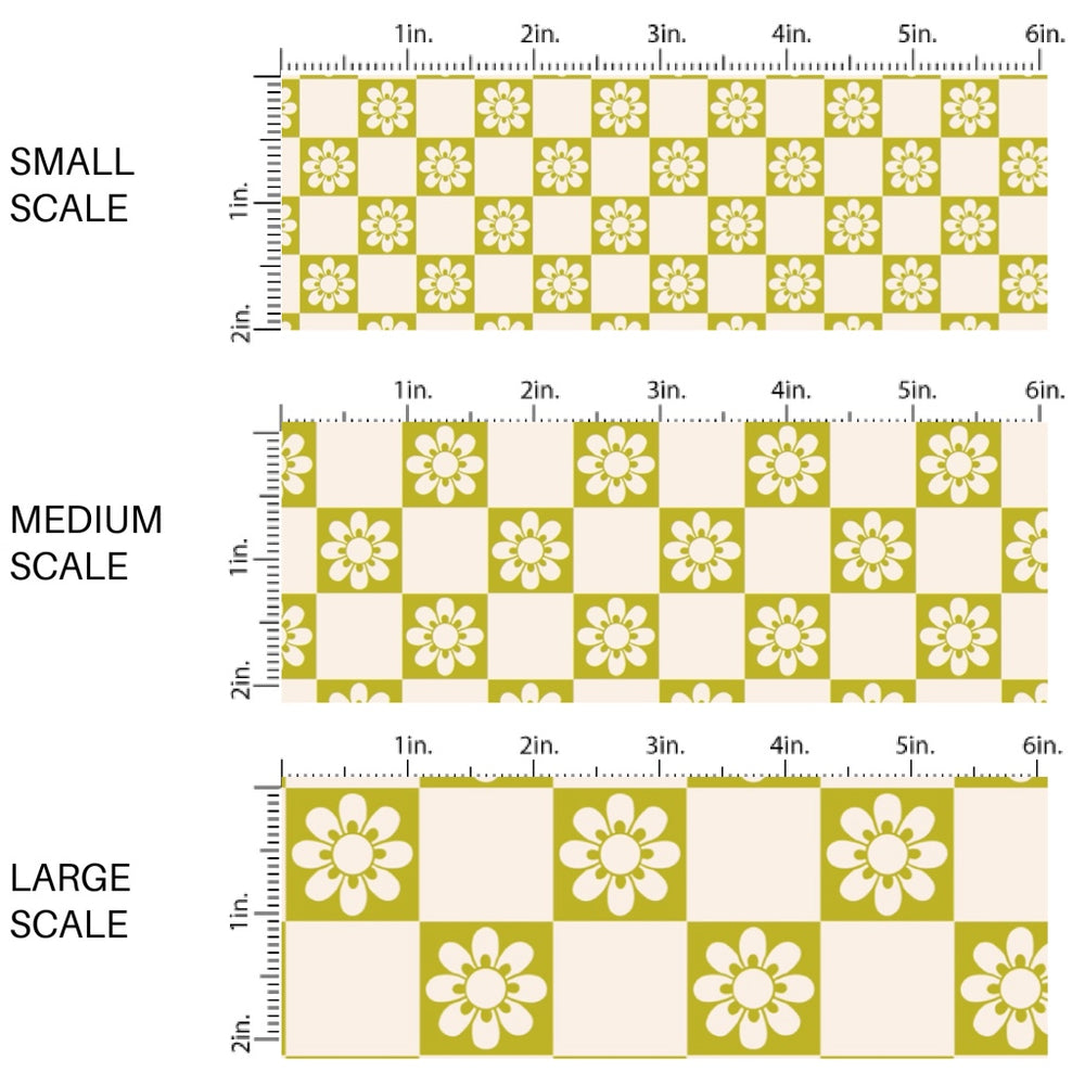 This spring fabric by the yard features daisy flowers on green and cream checkers. This fun pattern fabric can be used for all your sewing and crafting needs!