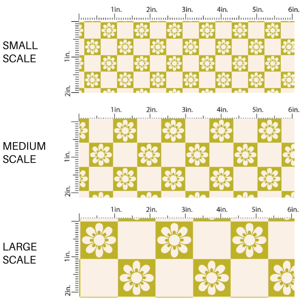 This spring fabric by the yard features daisy flowers on green and cream checkers. This fun pattern fabric can be used for all your sewing and crafting needs!