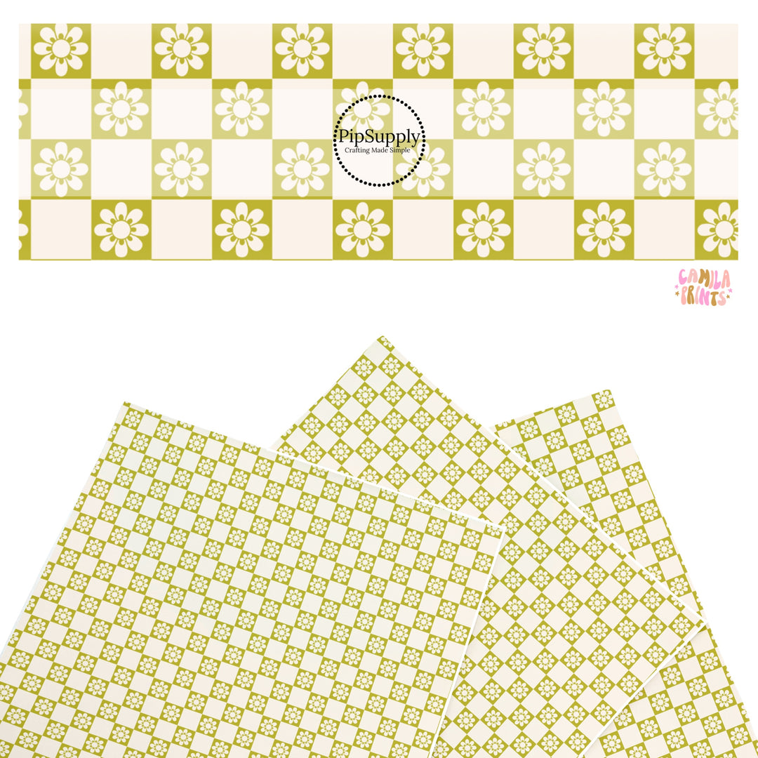 These spring themed faux leather sheets contain the following design elements: daisy flowers on green and cream checkers. Our CPSIA compliant faux leather sheets or rolls can be used for all types of crafting projects.