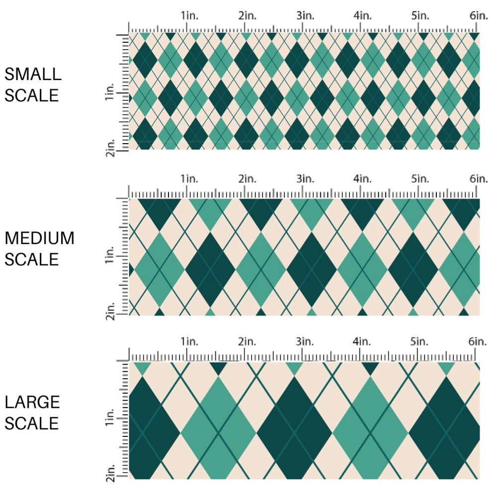 These winter themed pattern fabric by the yard features the following design elements: green argyle pattern on cream. This fun themed fabric can be used for all your sewing and crafting needs!