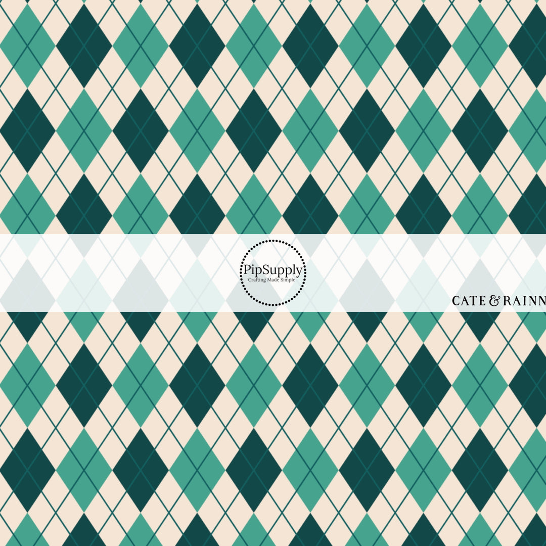 These winter themed pattern fabric by the yard features the following design elements: green argyle pattern on cream. This fun themed fabric can be used for all your sewing and crafting needs!