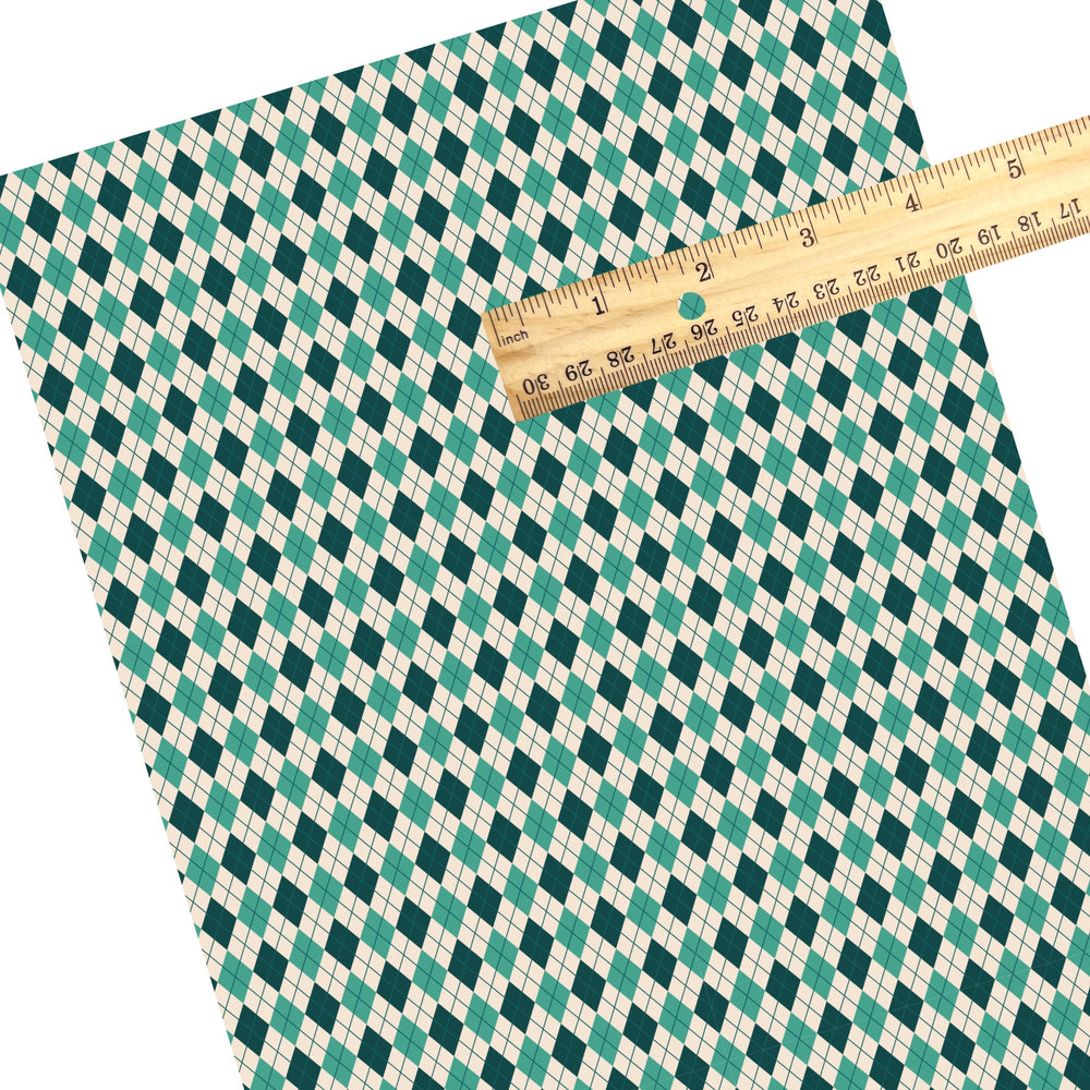 These winter themed pattern fabric by the yard features the following design elements: green argyle pattern on cream. This fun themed fabric can be used for all your sewing and crafting needs!