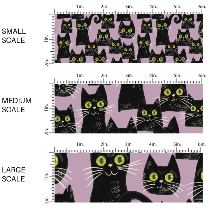 These Halloween themed pattern fabric by the yard features the following design elements: green eyed cats on purple. This fun spooky themed fabric can be used for all your sewing and crafting needs!