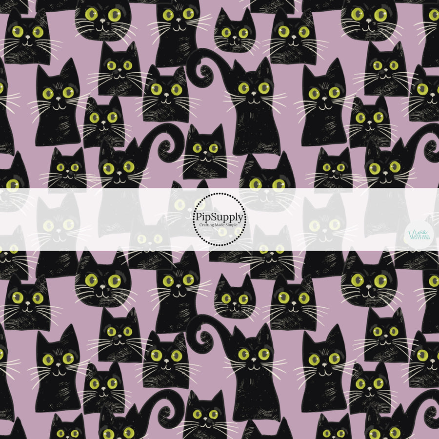 These Halloween themed pattern fabric by the yard features the following design elements: green eyed cats on purple. This fun spooky themed fabric can be used for all your sewing and crafting needs!