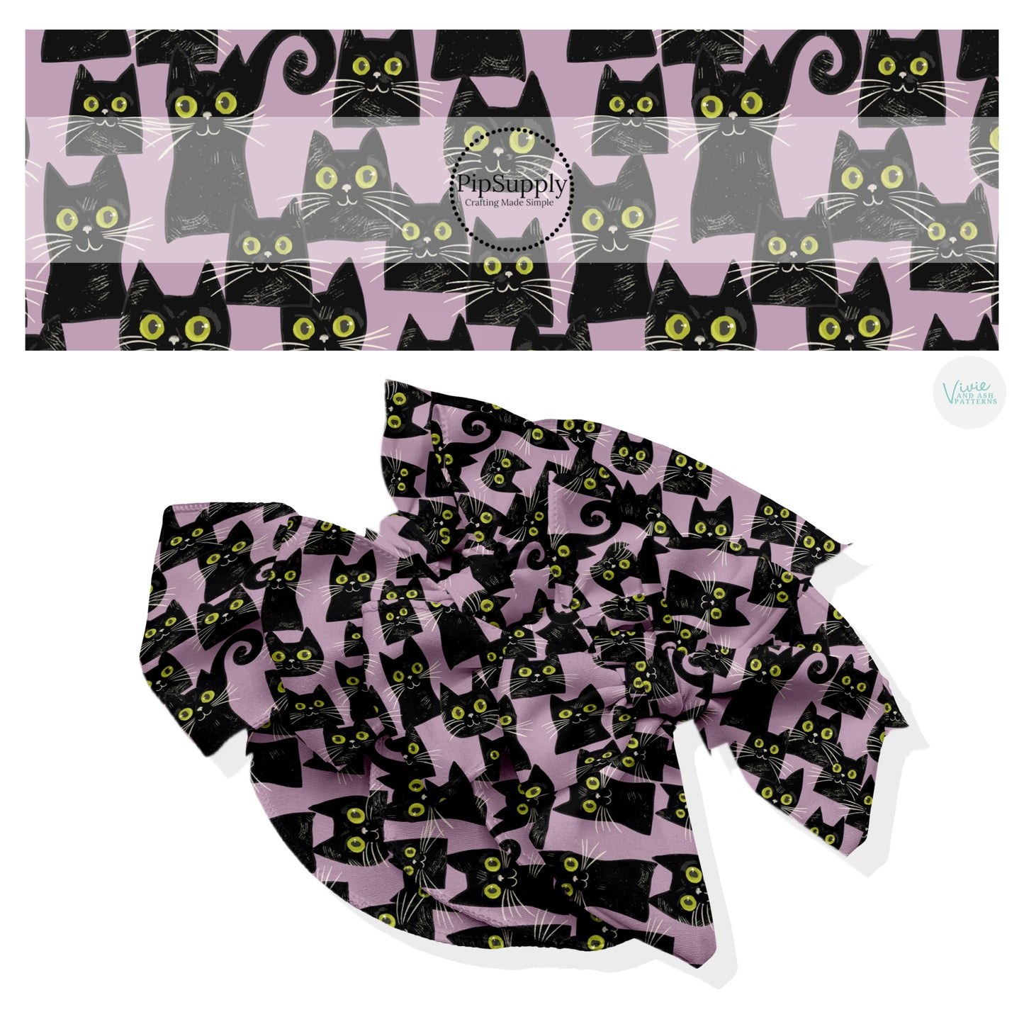 These Halloween themed no sew bow strips can be easily tied and attached to a clip for a finished hair bow. These fun spooky patterned bow strips are great for personal use or to sell. These bow strips feature the following design elements: green eyed cats on purple.